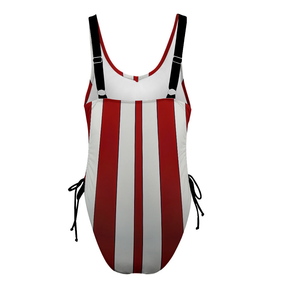 Ladies Red and White Racing Stripe One Piece Swimsuit