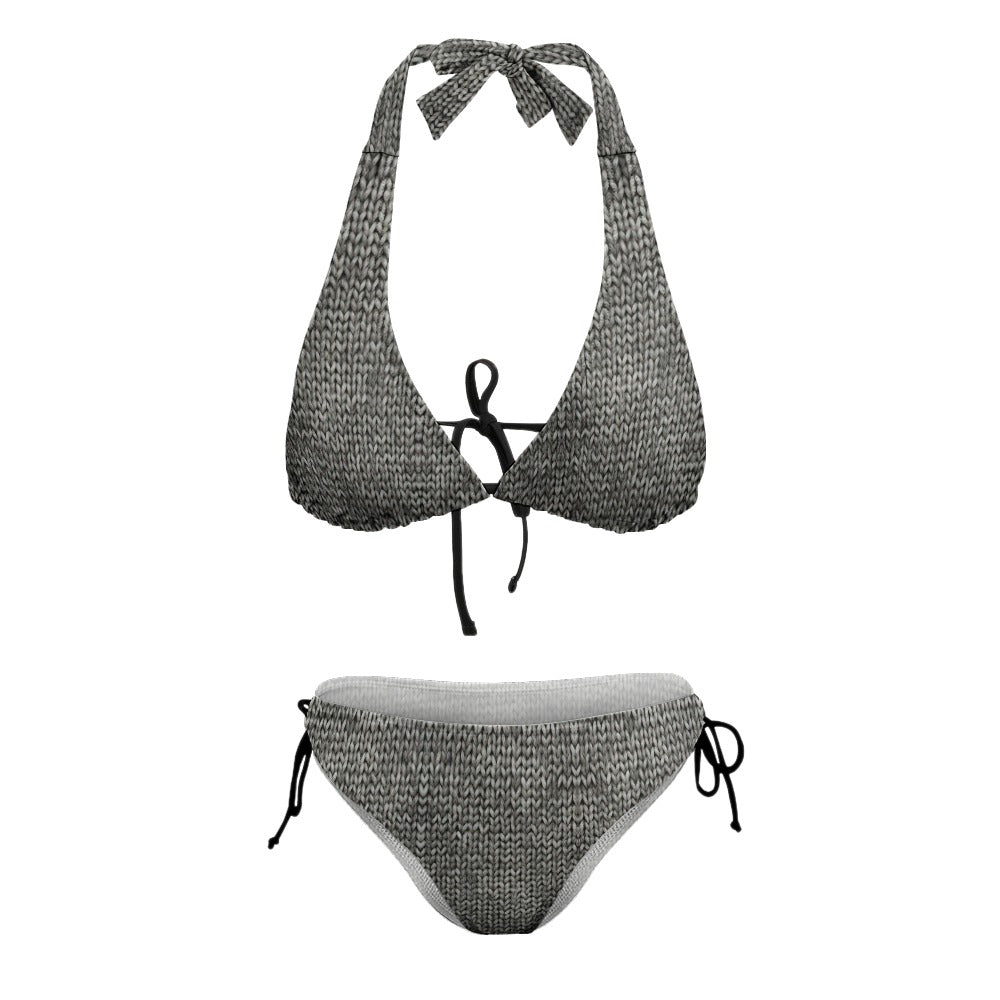 Knit Print V-Neck Bikini Swimsuit