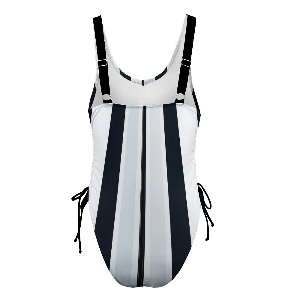 Ladies White and Navy Blue Striped One Piece Swimsuit