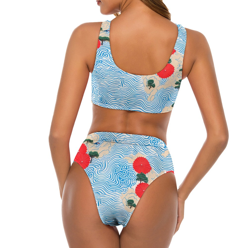Women's Black Safflower Red White and Blue Bikini Swimsuit