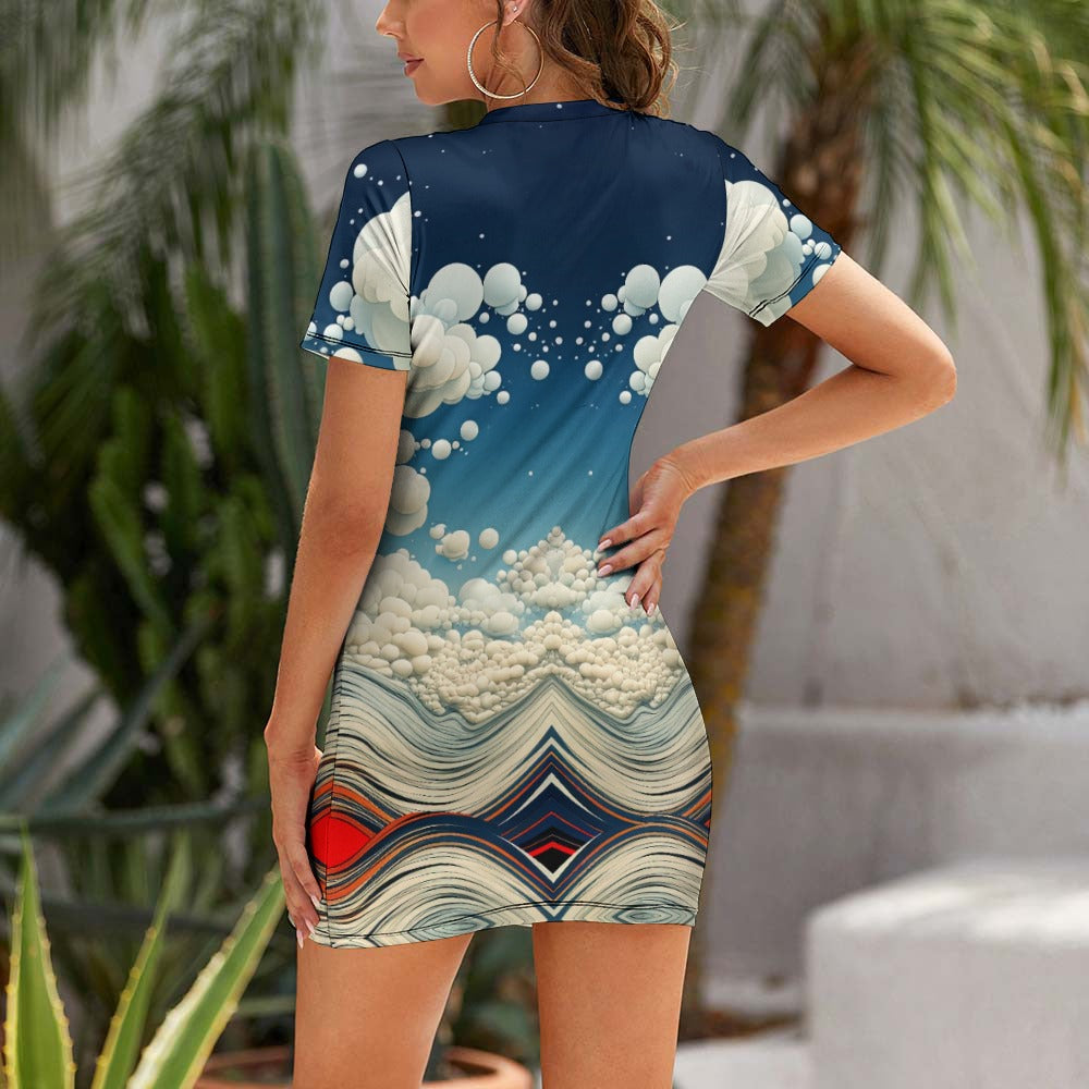 Red White and Blue Constructist Crew Neck Short Sleeve Dress
