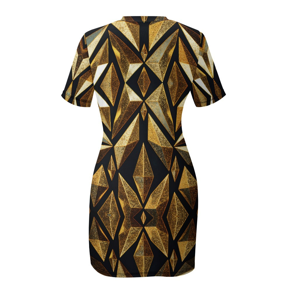 White Crew Neck Black and Gold Diamond Pattern Short Sleeve Dress