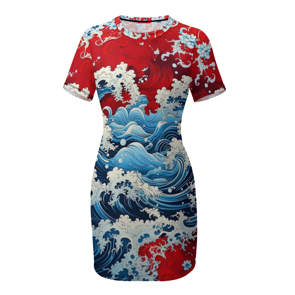 Red White and Blue Crew Neck Short Sleeve Dress