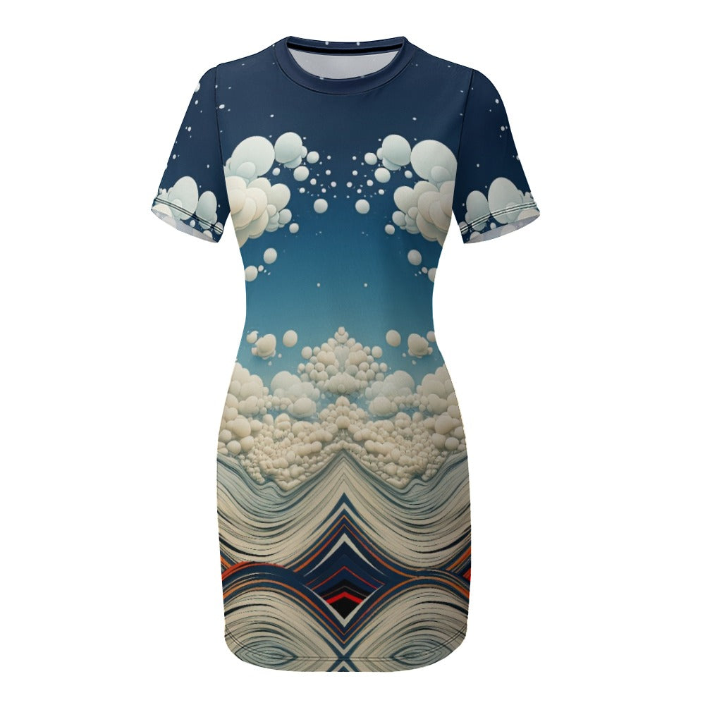 Red White and Blue Constructist Crew Neck Short Sleeve Dress