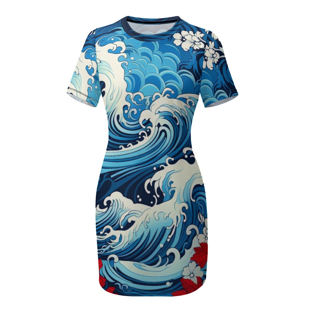 Blue Crew Neck Short Sleeve Dress