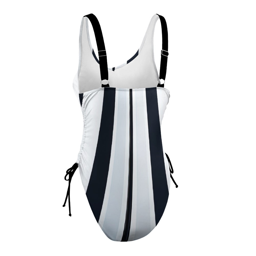Ladies White and Navy Blue Striped One Piece Swimsuit