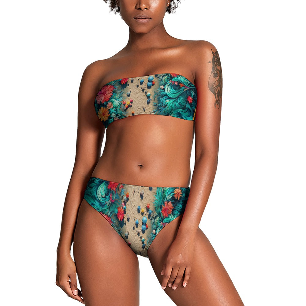 Ladies Tan and Teal Two Piece Bikini Swimsuit