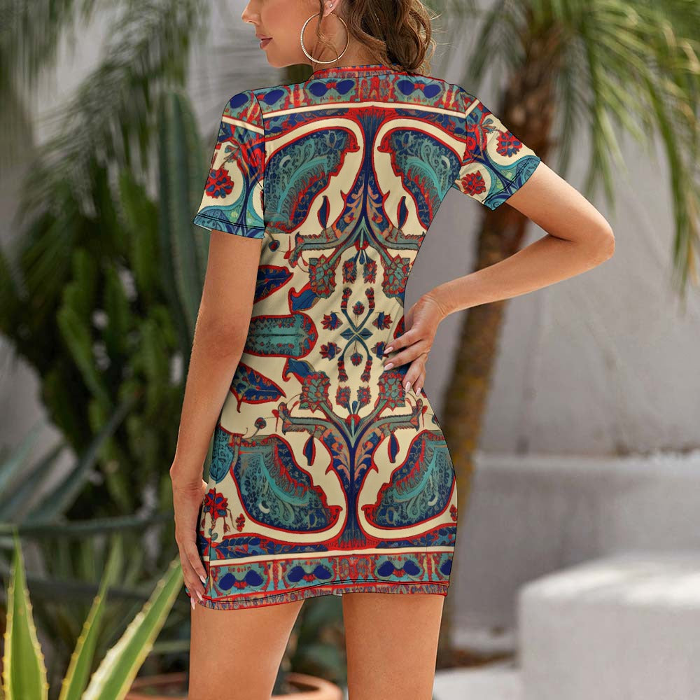 Persian Crew Neck Short Sleeve Dress