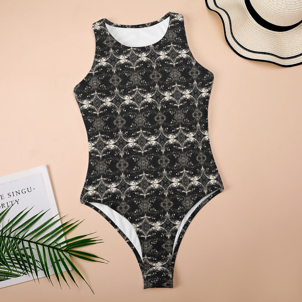 Black and White Kaleidoscopic Discoball Pattern Vest Jumpsuit