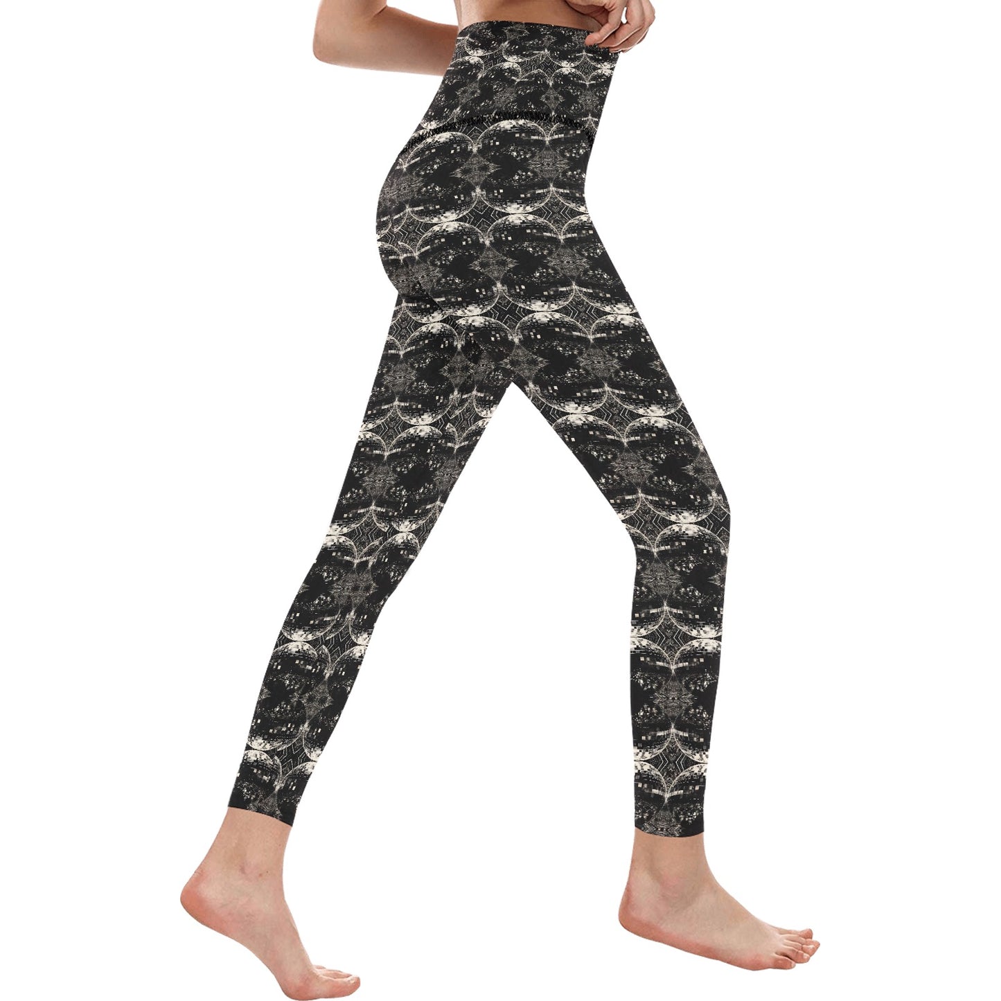Women's Black and White Discoball Pattern High-Waisted Leggings