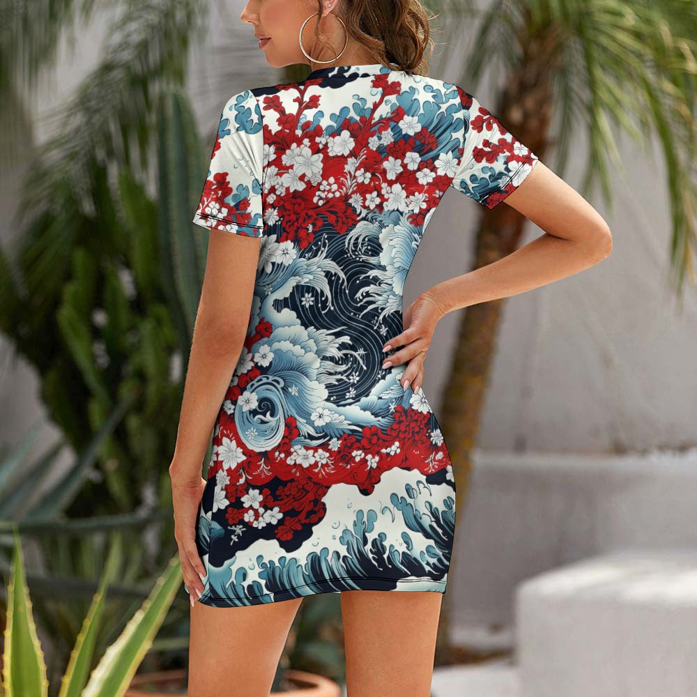 Red White and Blue Crew Neck Short Sleeve Dress