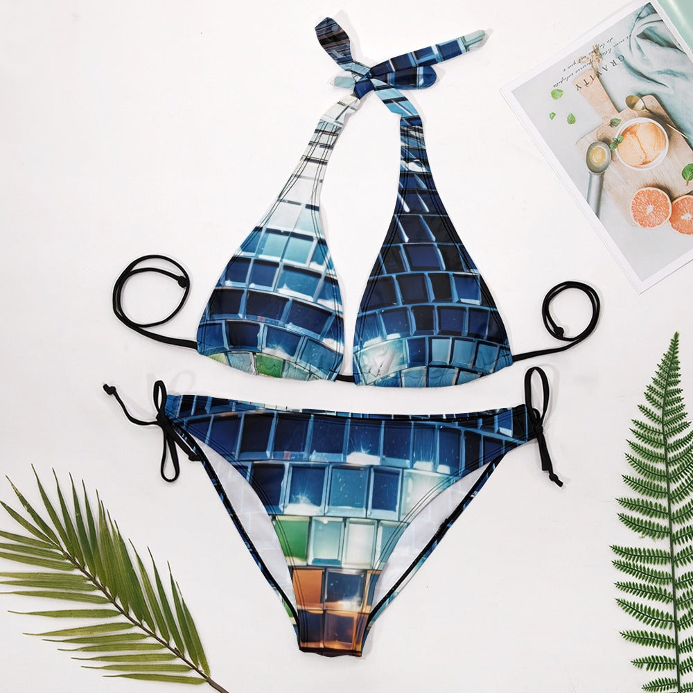 Blue Disco Square V-Neck Bikini Swimsuit