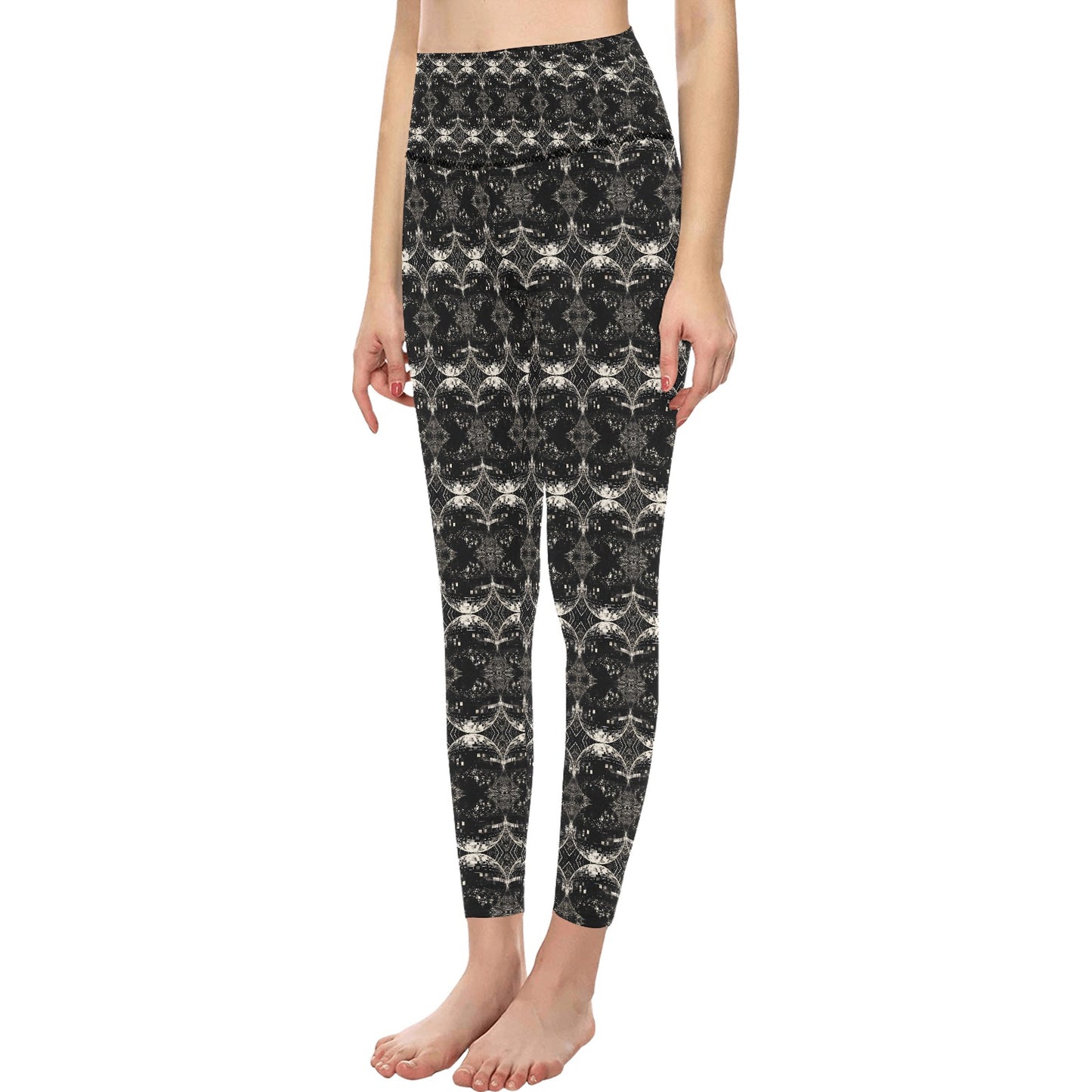 Women's Black and White Discoball Pattern High-Waisted Leggings