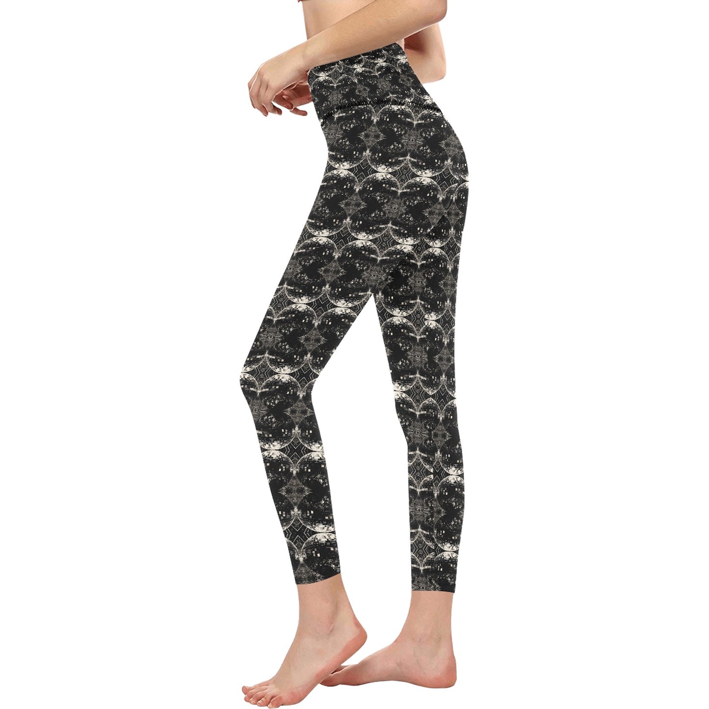 Women's Black and White Discoball Pattern High-Waisted Leggings