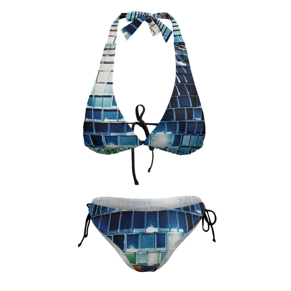 Blue Disco Square V-Neck Bikini Swimsuit