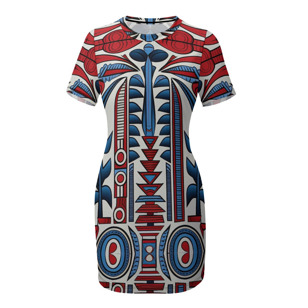 Red White and Blue Crew Neck Short Sleeve Dress