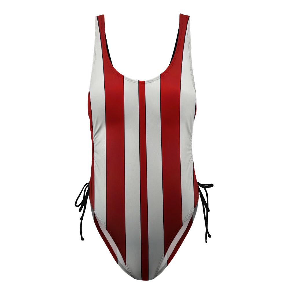 Ladies Red and White Racing Stripe One Piece Swimsuit