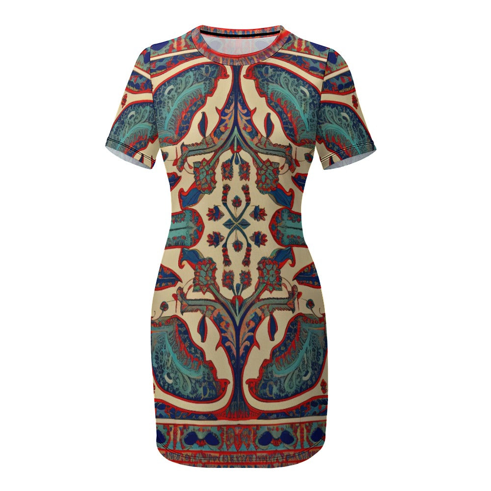 Persian Crew Neck Short Sleeve Dress