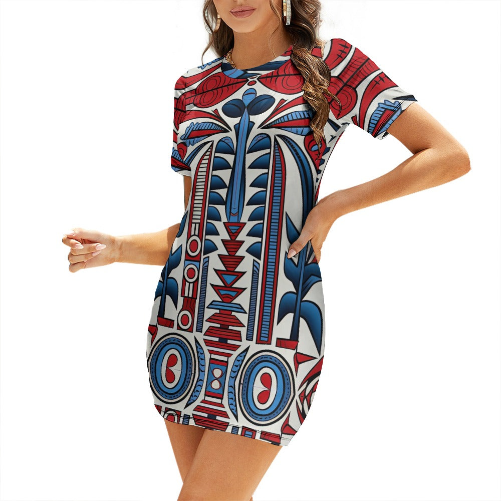 Red White and Blue Crew Neck Short Sleeve Dress