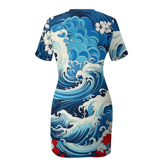 Blue Crew Neck Short Sleeve Dress