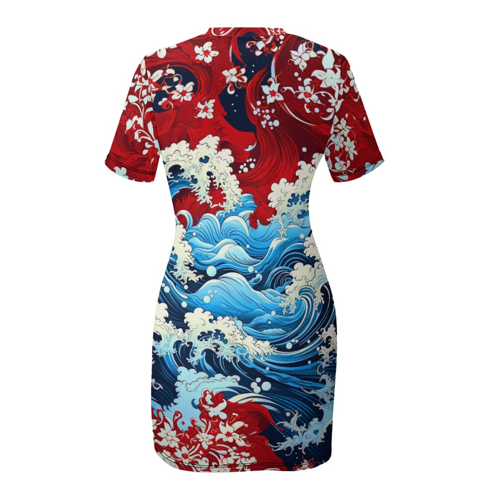 Red White and Blue Crew Neck Short Sleeve Dress