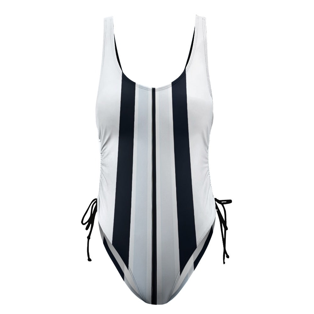 Ladies White and Navy Blue Striped One Piece Swimsuit