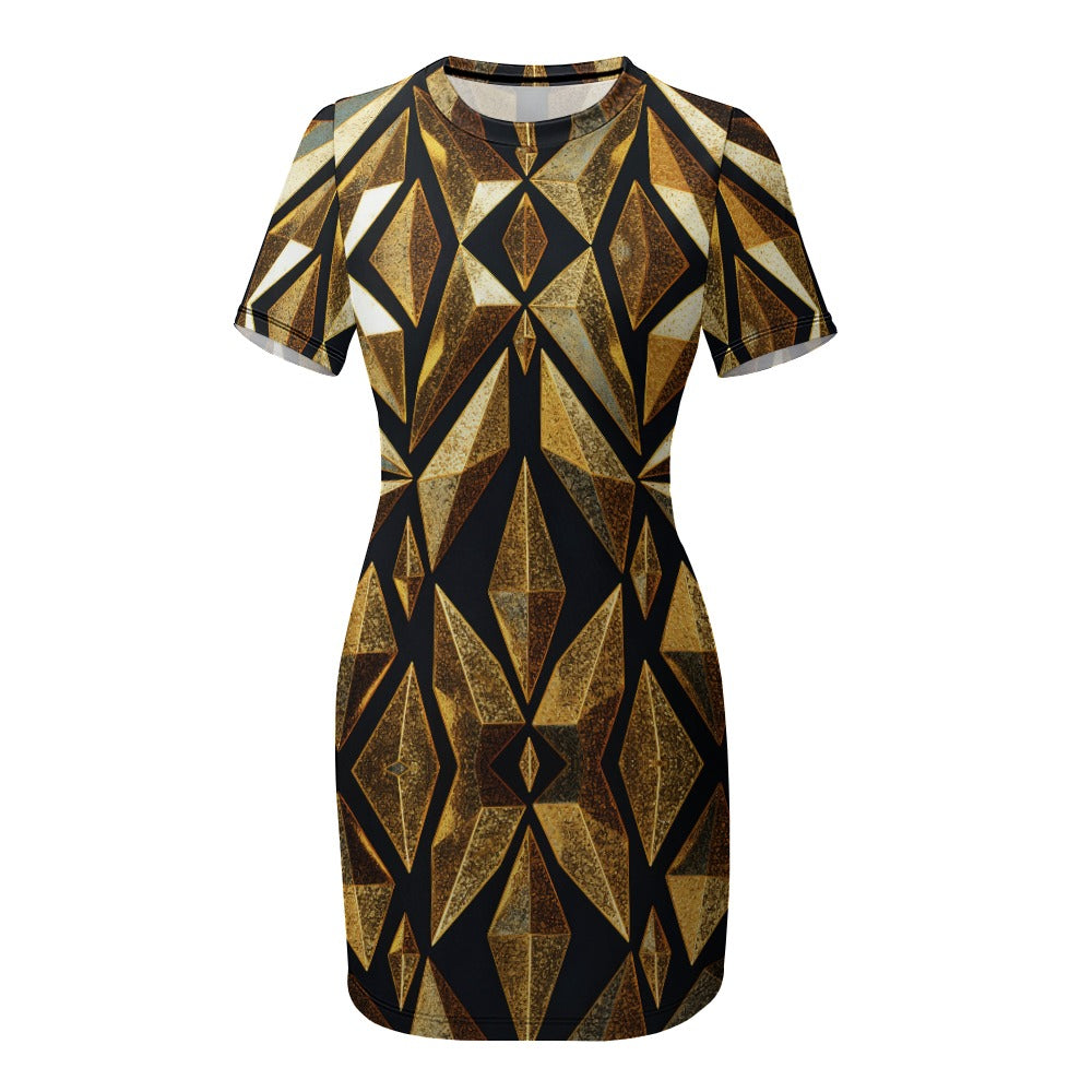 White Crew Neck Black and Gold Diamond Pattern Short Sleeve Dress