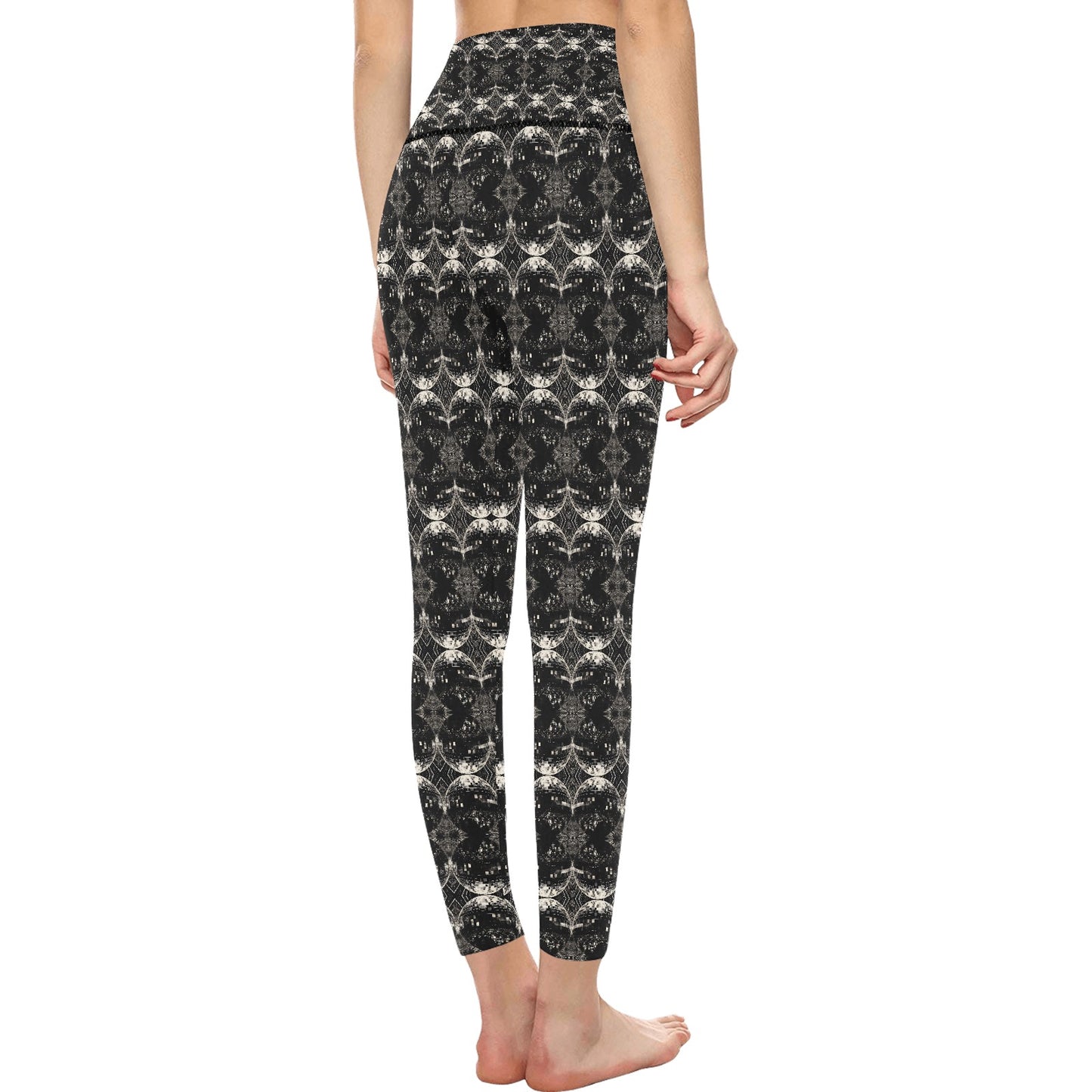 Women's Black and White Discoball Pattern High-Waisted Leggings