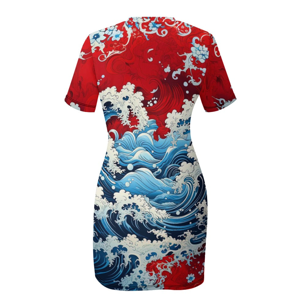 Red White and Blue Crew Neck Short Sleeve Dress