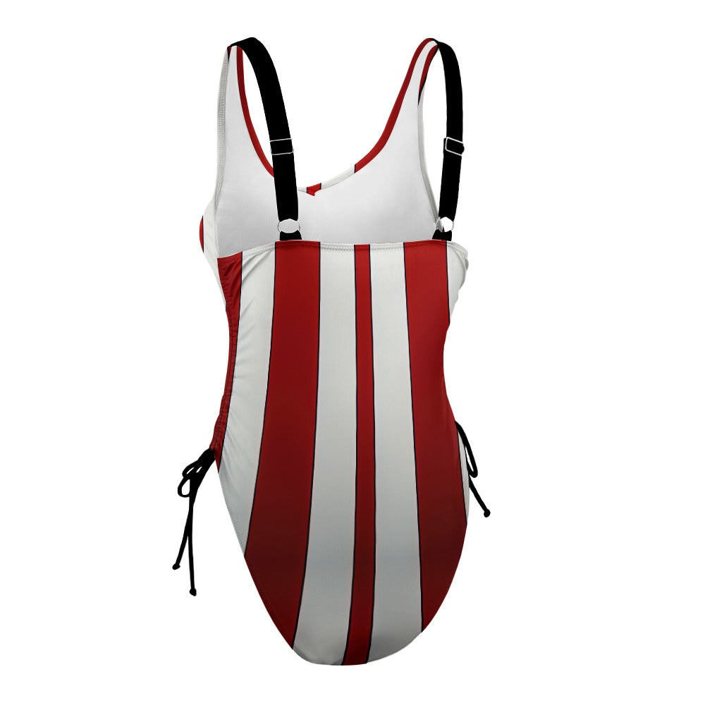 Ladies Red and White Racing Stripe One Piece Swimsuit