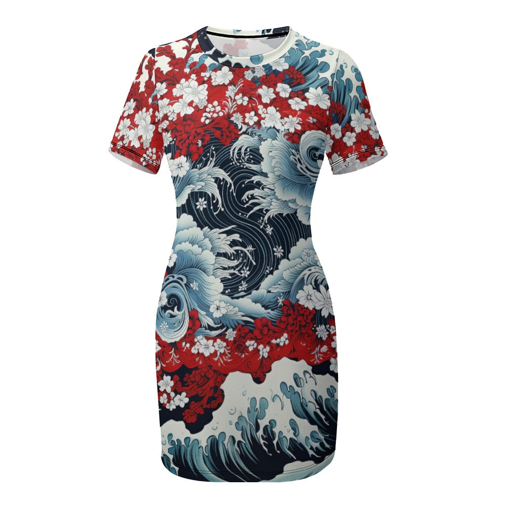 Red White and Blue Crew Neck Short Sleeve Dress